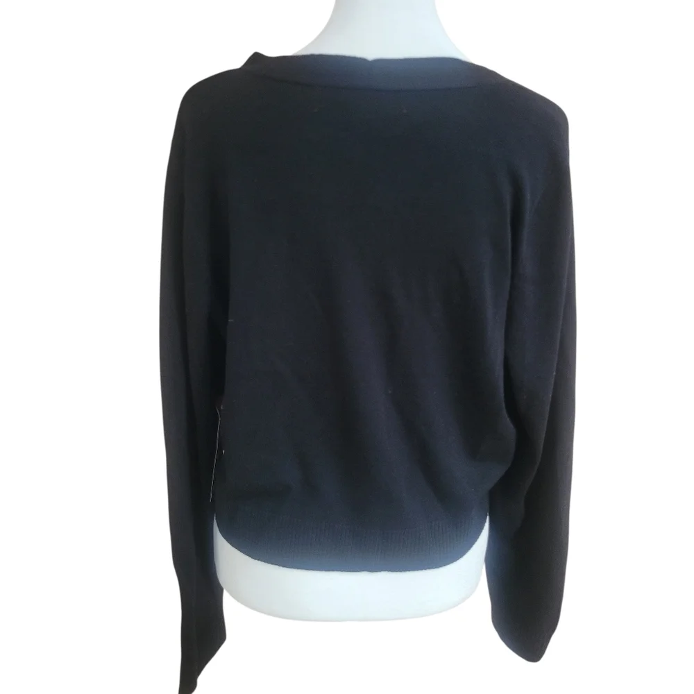 Chic Black V-Neck Cardigan with White Bow Size L